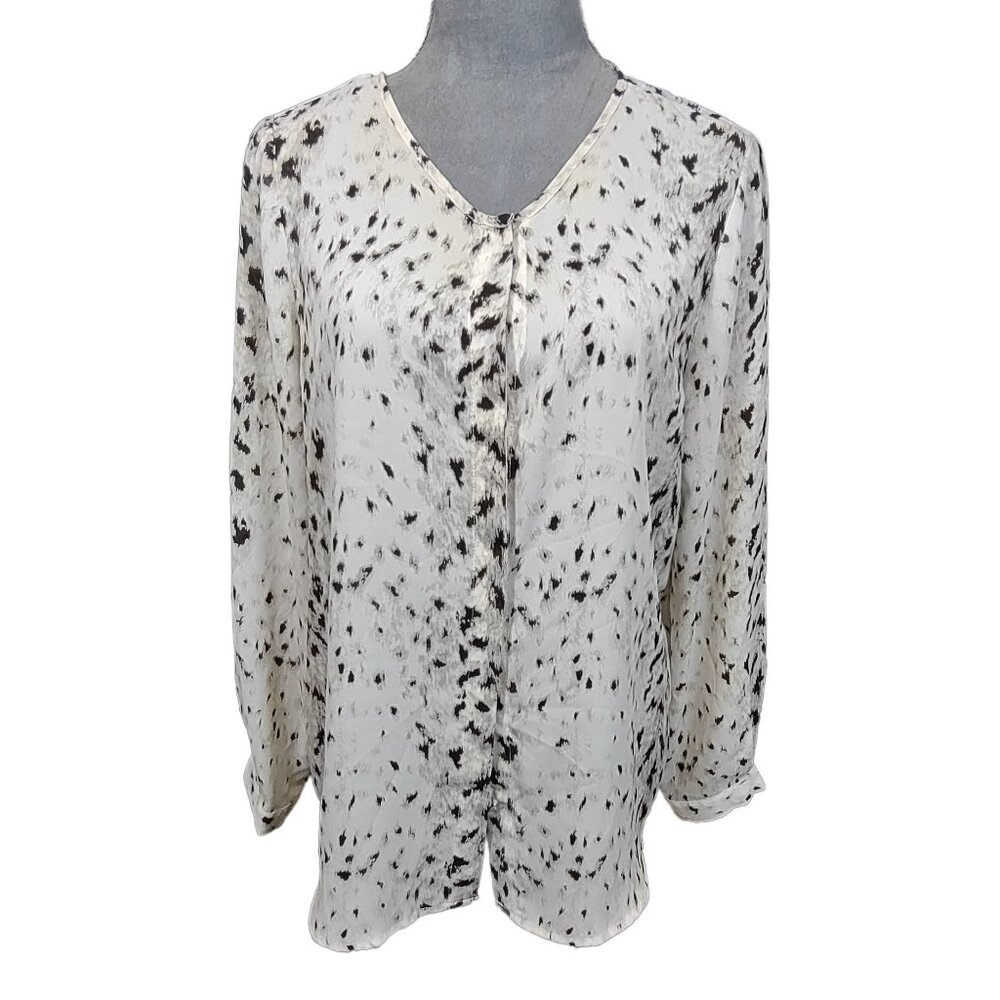 Violet + Claire Womens Large Animal Print Blouse Cream Brown Hidden Button Top